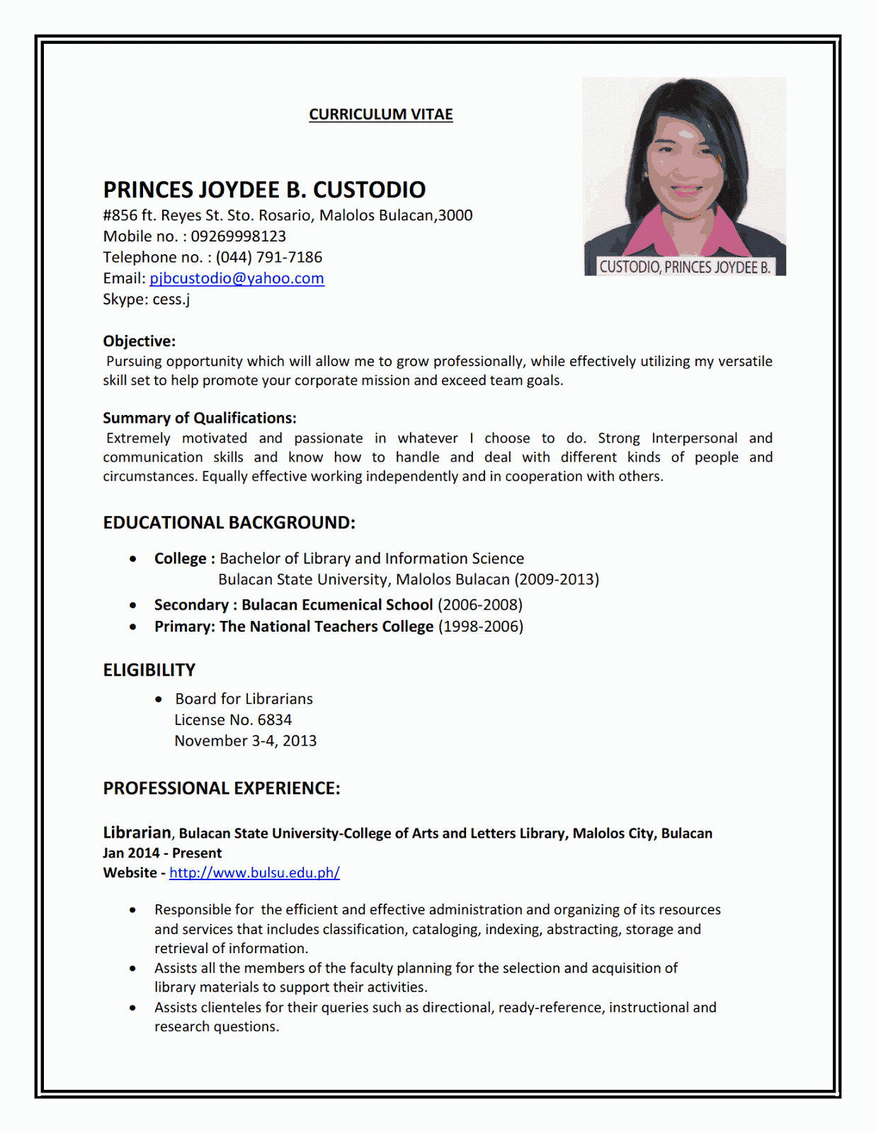 Sample resume job bank